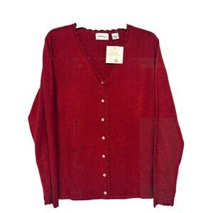Parisian Works Red Cardigan w Crochet Trim & White Faux Pearl Buttons New M